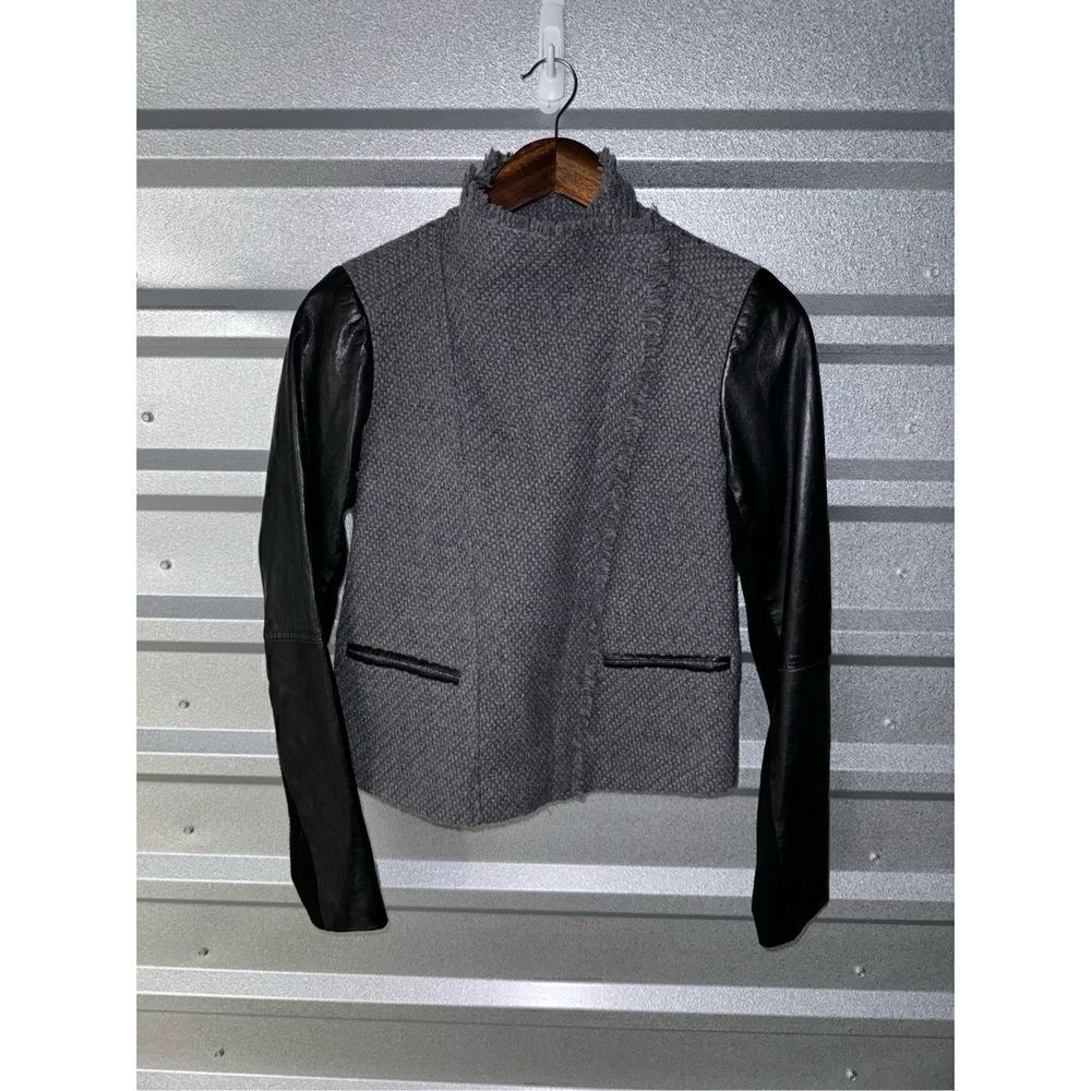 Vince Black & Gray Lambskin Leather Knit Racer Jacket Size XS